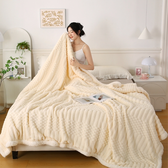 91家纺网 家纺一手货源 找家纺 巴木赫 2024新款舒棉绒点点塔芙绒双层羊羔绒毯 米白