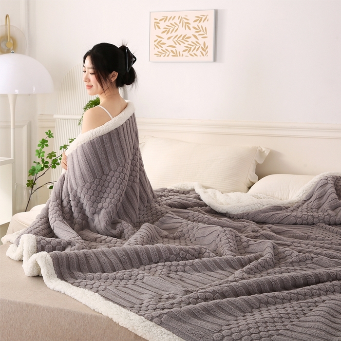 91家纺网 家纺一手货源 找家纺 巴木赫 2024新款舒棉绒点点塔芙绒双层羊羔绒毯 银灰