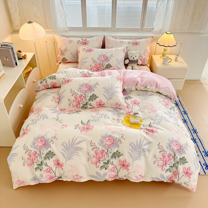 91家纺网 家纺一手货源 找家纺 绵庭家纺 2025新款全棉印花四件套系列 落川花海-粉