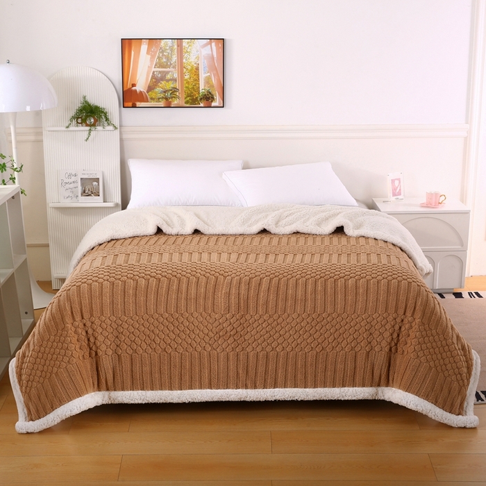 91家纺网 家纺一手货源 找家纺 巴木赫 2024新款舒棉绒点点塔芙绒双层羊羔绒毯 黄棕