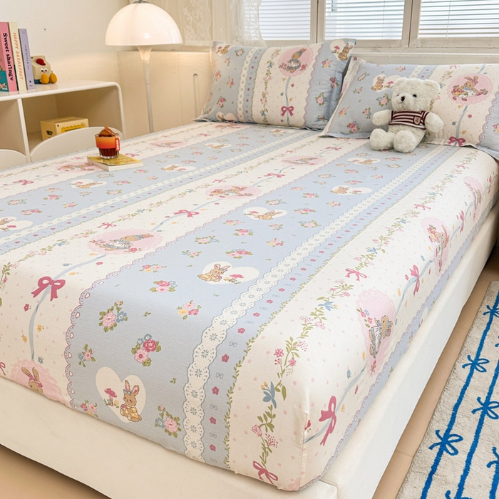 91家纺网 家纺一手货源 找家纺 绵庭家纺 2025新款全棉印花单床笠系列 花丛兔-兰