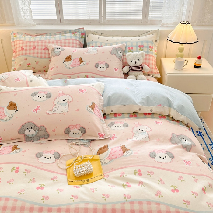 91家纺网 家纺一手货源 找家纺 绵庭家纺 2025新款全棉印花四件套系列 甜心樱桃狗