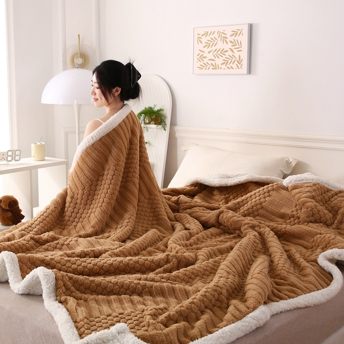 91家纺网 家纺一手货源 找家纺 巴木赫 2024新款舒棉绒点点塔芙绒双层羊羔绒毯 黄棕