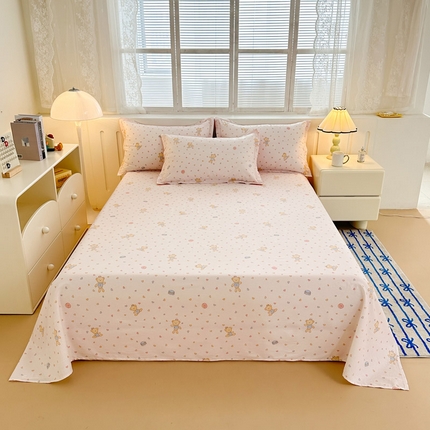 91家纺网 家纺一手货源 找家纺 绵庭家纺 2025新款全棉印花单床单系列 泡泡小熊-粉