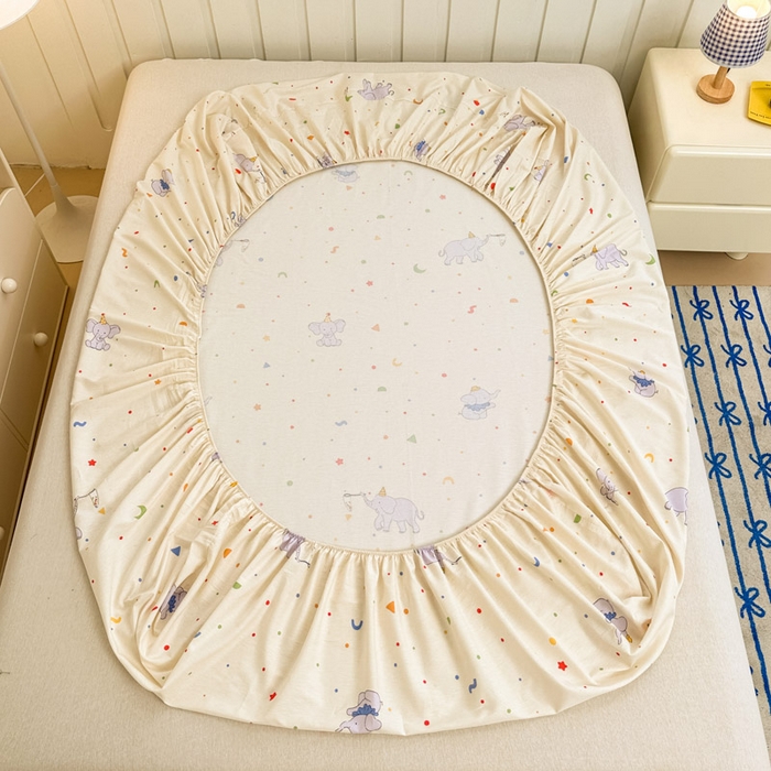 91家纺网 家纺一手货源 找家纺 绵庭家纺 2025新款全棉印花单床笠系列 彩点小象