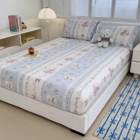 91家纺网 家纺一手货源 找家纺 绵庭家纺 2025新款全棉印花单床笠系列 花丛兔-兰