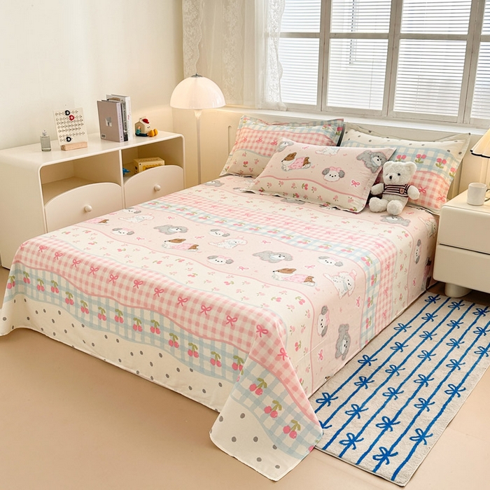 91家纺网 家纺一手货源 找家纺 绵庭家纺 2025新款全棉印花单床单系列 甜心樱桃狗