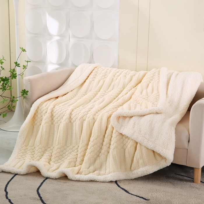 91家纺网 家纺一手货源 找家纺 巴木赫 2024新款舒棉绒点点塔芙绒双层羊羔绒毯 米白