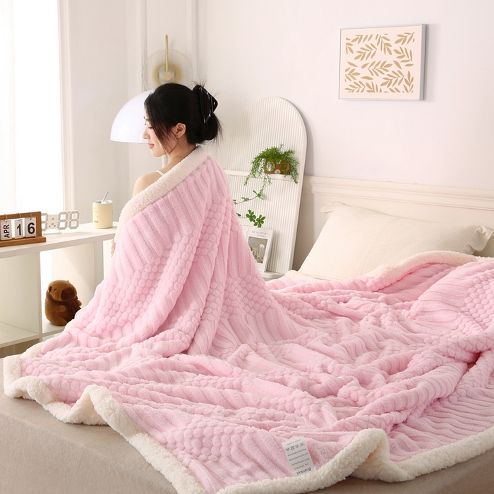 91家纺网 家纺一手货源 找家纺 巴木赫 2024新款舒棉绒点点塔芙绒双层羊羔绒毯 粉色