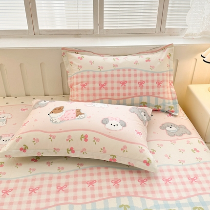 绵庭家纺 2025新款全棉印花单枕套系列 甜心樱桃狗