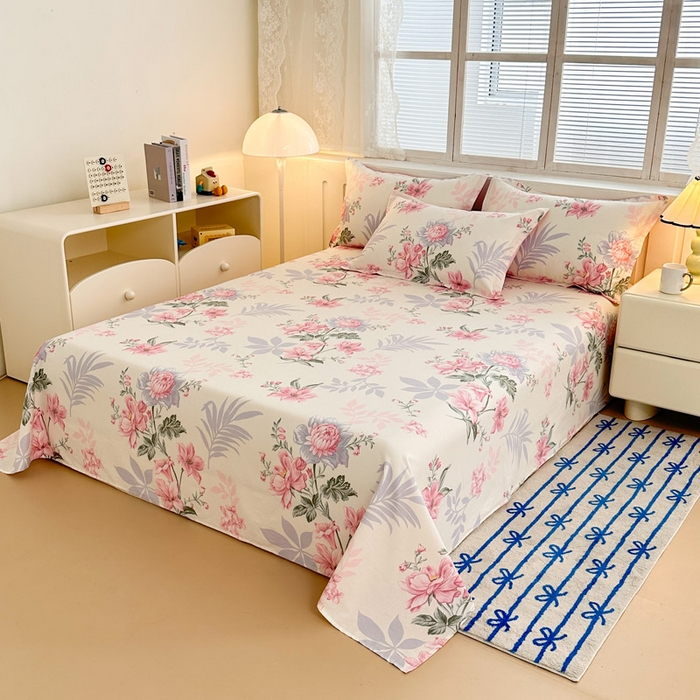 91家纺网 家纺一手货源 找家纺 绵庭家纺 2025新款全棉印花单床单系列 落川花海-粉