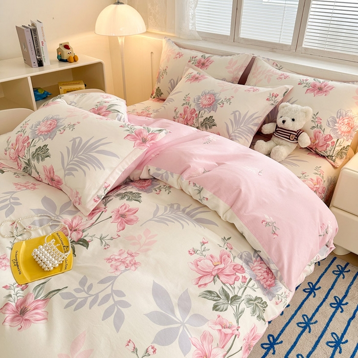 91家纺网 家纺一手货源 找家纺 绵庭家纺 2025新款全棉印花四件套系列 落川花海-粉