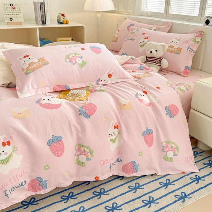 91家纺网 家纺一手货源 找家纺 绵庭家纺 2025新款全棉印花四件套系列 奇趣欢乐园-粉