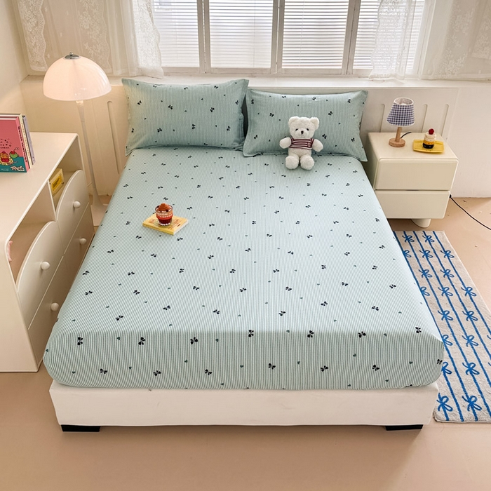 91家纺网 家纺一手货源 找家纺 绵庭家纺 2025新款全棉印花单床笠系列 绿底蝴蝶结