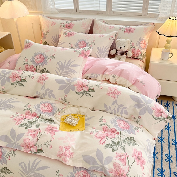 91家纺网 家纺一手货源 找家纺 绵庭家纺 2025新款全棉印花四件套系列 落川花海-粉