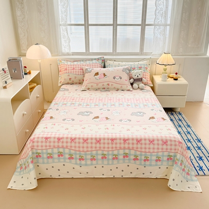 91家纺网 家纺一手货源 找家纺 绵庭家纺 2025新款全棉印花单床单系列 甜心樱桃狗