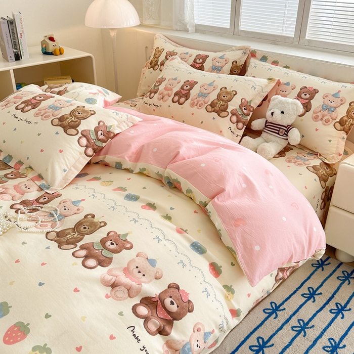 91家纺网 家纺一手货源 找家纺 绵庭家纺 2025新款全棉印花四件套系列 浪漫熊仔