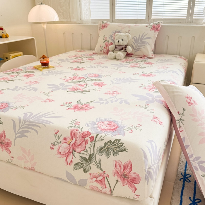 91家纺网 家纺一手货源 找家纺 绵庭家纺 2025新款全棉印花单床笠系列 落川花海-粉