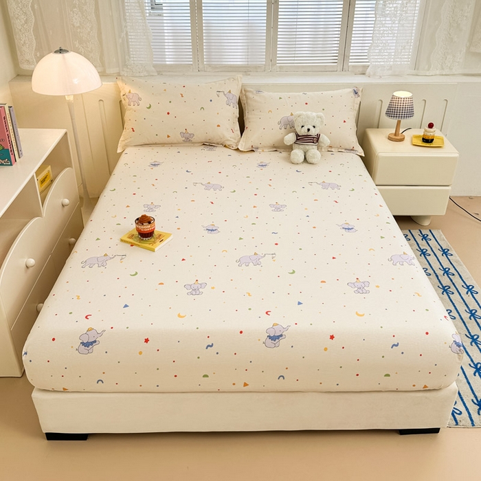 91家纺网 家纺一手货源 找家纺 绵庭家纺 2025新款全棉印花单床笠系列 彩点小象