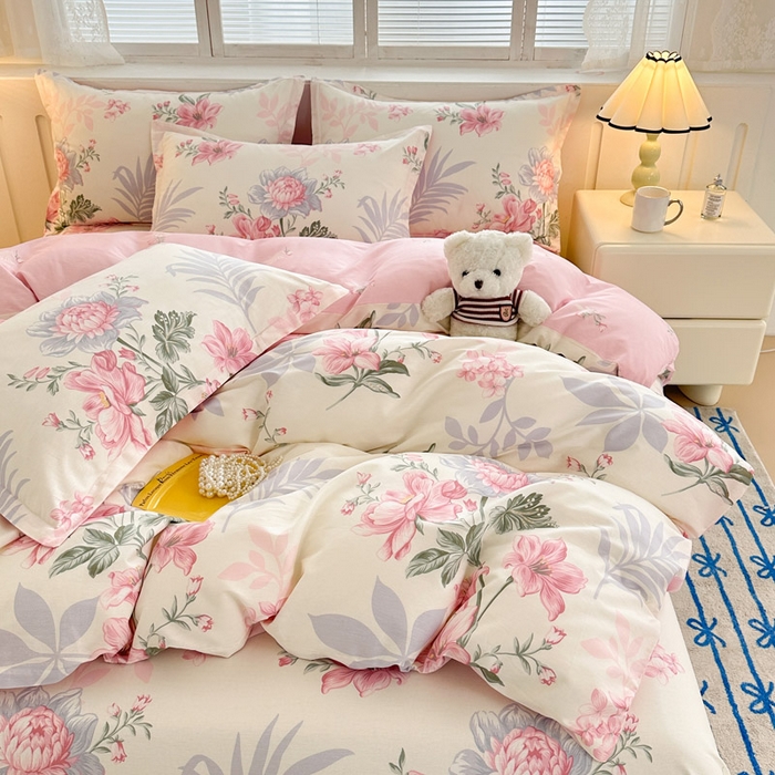 91家纺网 家纺一手货源 找家纺 绵庭家纺 2025新款全棉印花四件套系列 落川花海-粉