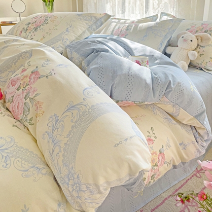 91家纺网 家纺一手货源 找家纺 优选 2025直播爆款全棉ins印花四件套纯棉三件套床单床笠学生三件套 蓝色觅境