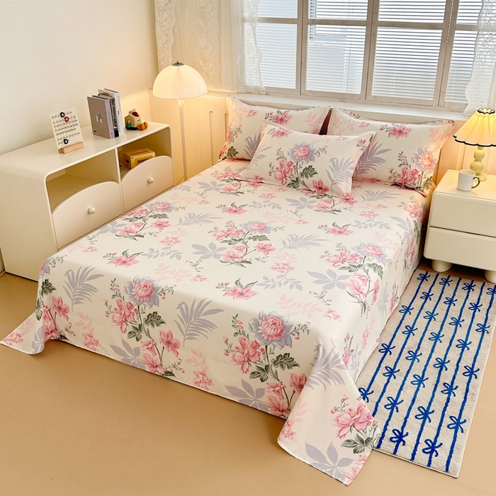 91家纺网 家纺一手货源 找家纺 绵庭家纺 2025新款全棉印花单床单系列 落川花海-粉