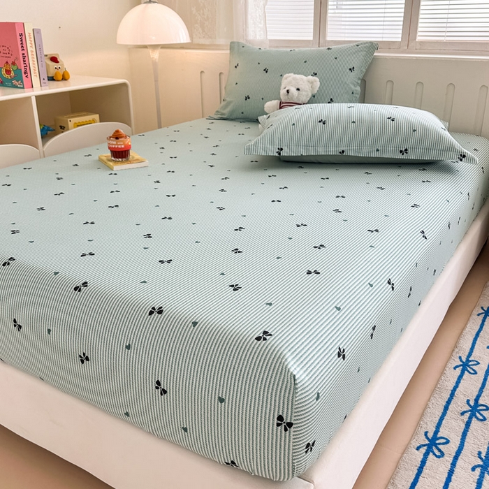 91家纺网 家纺一手货源 找家纺 绵庭家纺 2025新款全棉印花单床笠系列 绿底蝴蝶结