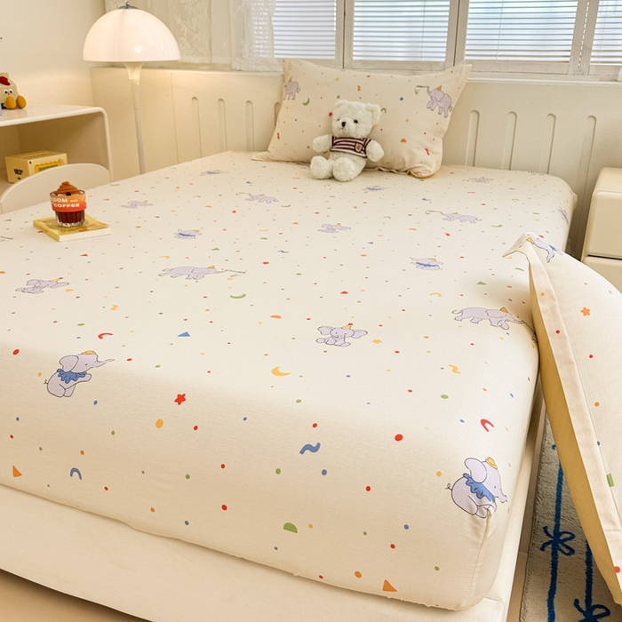 91家纺网 家纺一手货源 找家纺 绵庭家纺 2025新款全棉印花单床笠系列 彩点小象