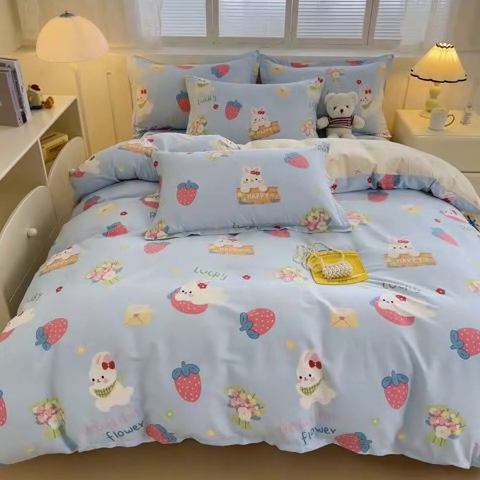 91家纺网 家纺一手货源 找家纺 绵庭家纺 2025新款全棉印花四件套系列 奇趣欢乐园-蓝