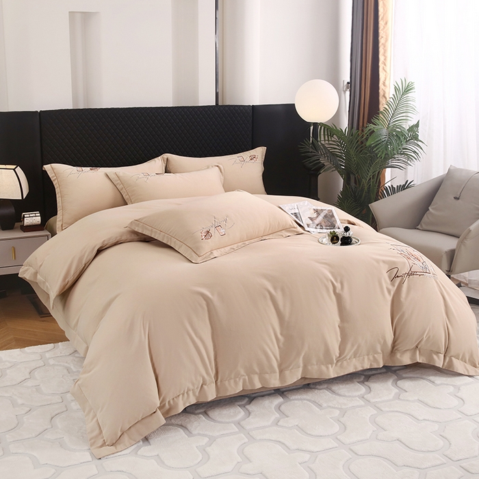 91家纺网 家纺一手货源 找家纺 金纱玉纺家纺 2024新款素色加厚公艺绣花四件套 叶香风暖-棕