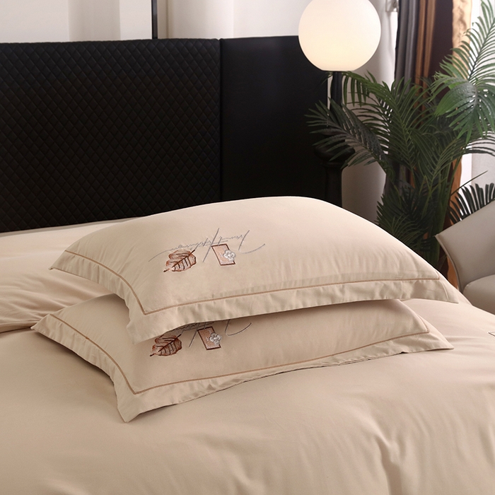 91家纺网 家纺一手货源 找家纺 金纱玉纺家纺 2024新款素色加厚公艺绣花四件套 叶香风暖-棕