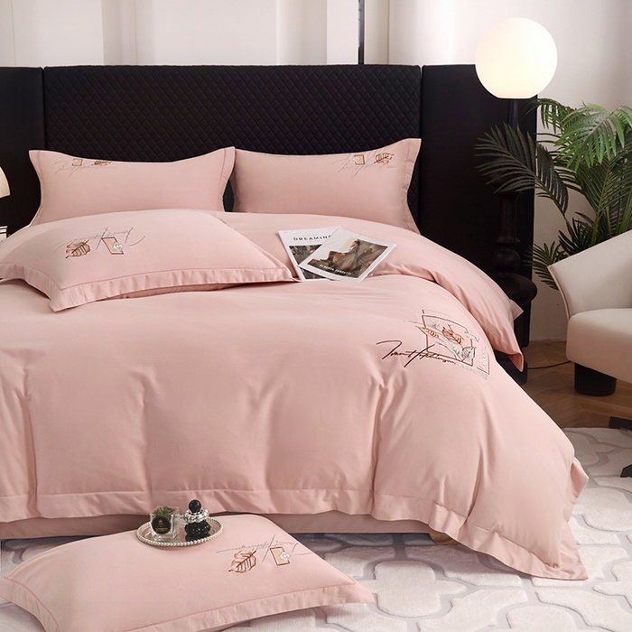 91家纺网 家纺一手货源 找家纺 金纱玉纺家纺 2024新款素色加厚公艺绣花四件套 叶香风暖-粉玉