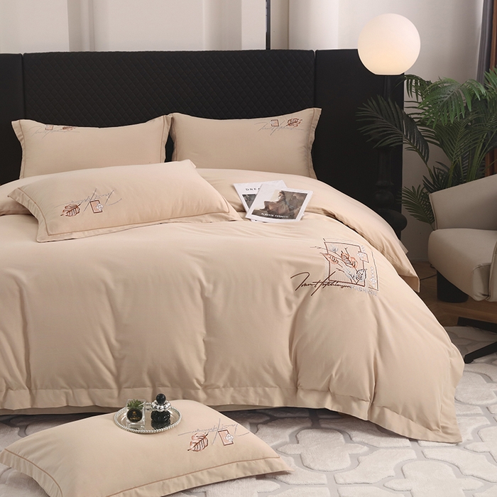 91家纺网 家纺一手货源 找家纺 金纱玉纺家纺 2024新款素色加厚公艺绣花四件套 叶香风暖-棕