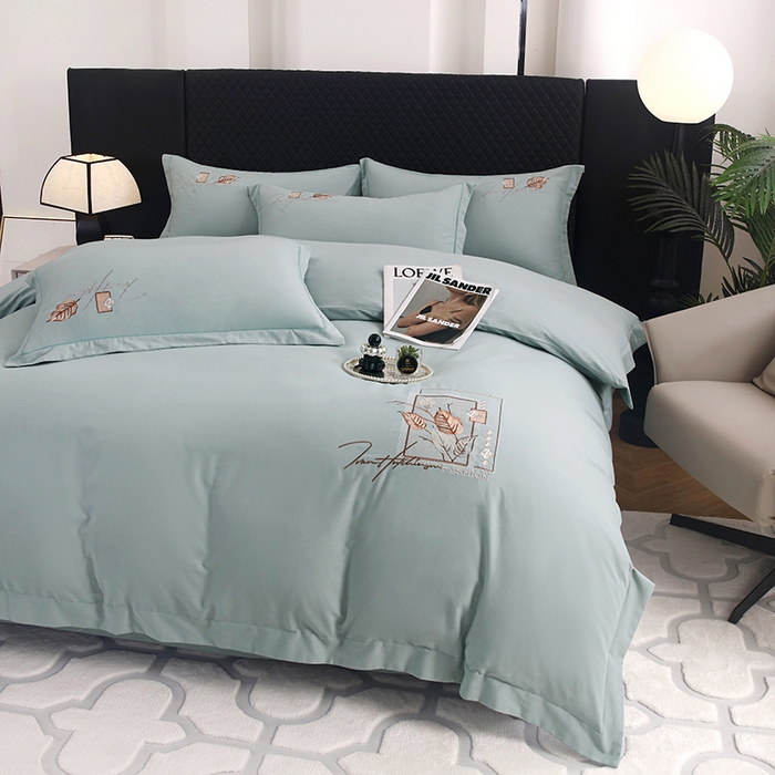 91家纺网 家纺一手货源 找家纺 金纱玉纺家纺 2024新款素色加厚公艺绣花四件套 叶香风暖-灰绿