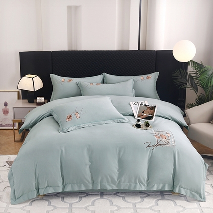 金纱玉纺家纺 2024新款素色加厚公艺绣花四件套 叶香风暖-灰绿
