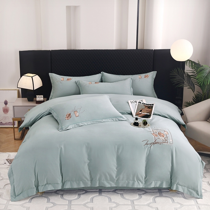 91家纺网 家纺一手货源 找家纺 金纱玉纺家纺 2024新款素色加厚公艺绣花四件套 叶香风暖-灰绿