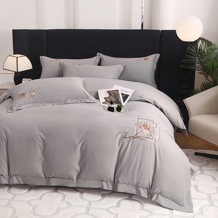 91家纺网 家纺一手货源 找家纺 金纱玉纺家纺 2024新款素色加厚公艺绣花四件套 叶香风暖-棕灰