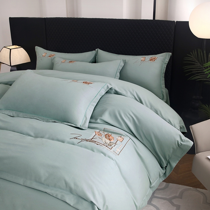 91家纺网 家纺一手货源 找家纺 金纱玉纺家纺 2024新款素色加厚公艺绣花四件套 叶香风暖-灰绿