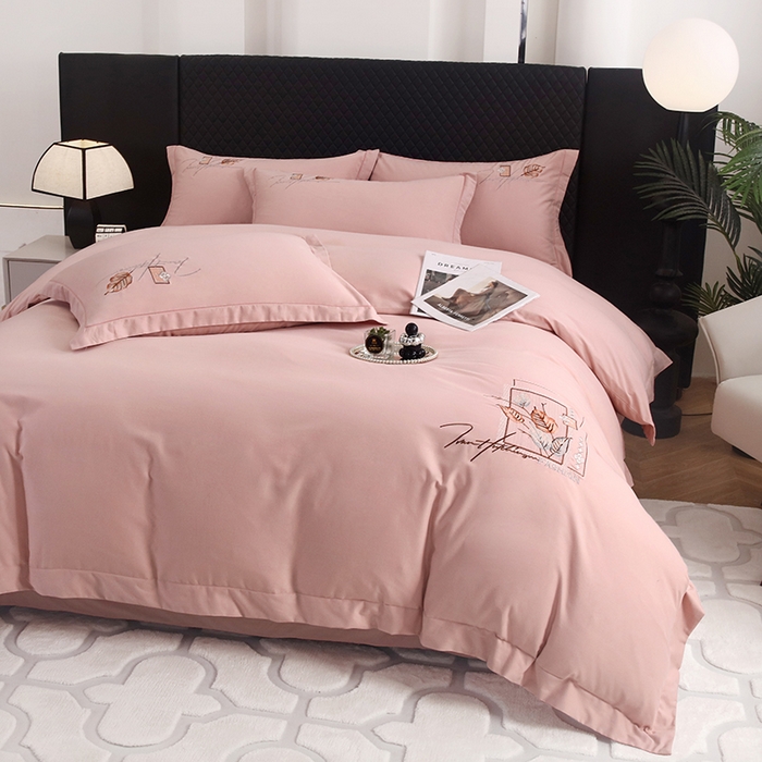 91家纺网 家纺一手货源 找家纺 金纱玉纺家纺 2024新款素色加厚公艺绣花四件套 叶香风暖-粉玉