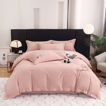 91家纺网 家纺一手货源 找家纺 金纱玉纺家纺 2024新款素色加厚公艺绣花四件套 叶香风暖-粉玉