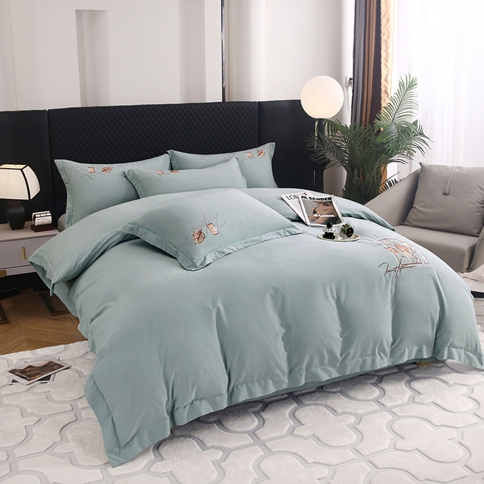 91家纺网 家纺一手货源 找家纺 金纱玉纺家纺 2024新款素色加厚公艺绣花四件套 叶香风暖-灰绿