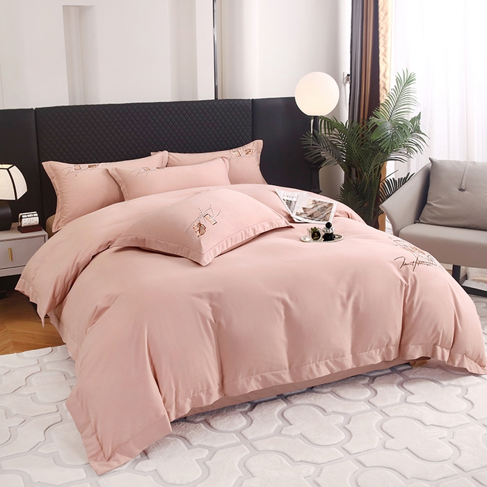 91家纺网 家纺一手货源 找家纺 金纱玉纺家纺 2024新款素色加厚公艺绣花四件套 叶香风暖-粉玉