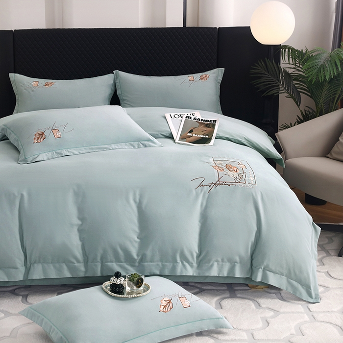 91家纺网 家纺一手货源 找家纺 金纱玉纺家纺 2024新款素色加厚公艺绣花四件套 叶香风暖-灰绿