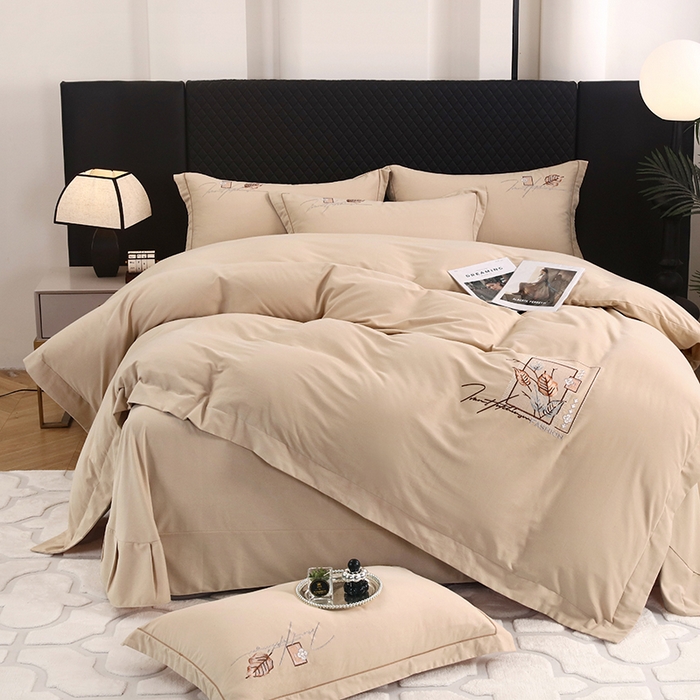 91家纺网 家纺一手货源 找家纺 金纱玉纺家纺 2024新款素色加厚公艺绣花四件套 叶香风暖-棕