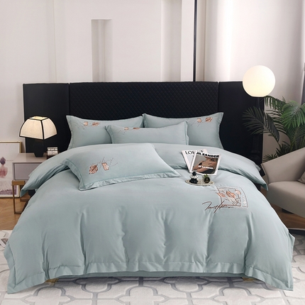 91家纺网 家纺一手货源 找家纺 金纱玉纺家纺 2024新款素色加厚公艺绣花四件套 叶香风暖-灰绿