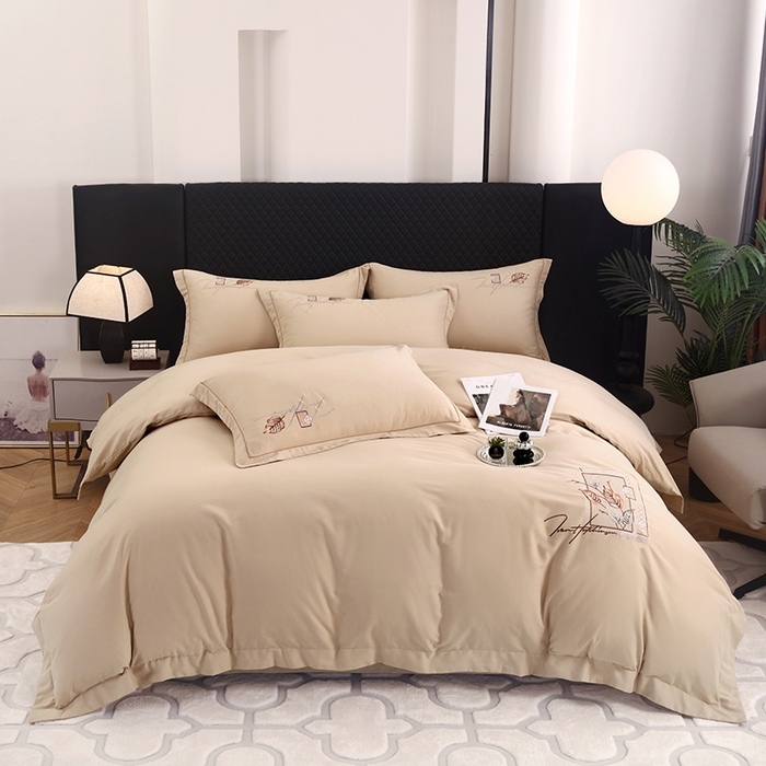 91家纺网 家纺一手货源 找家纺 金纱玉纺家纺 2024新款素色加厚公艺绣花四件套 叶香风暖-棕