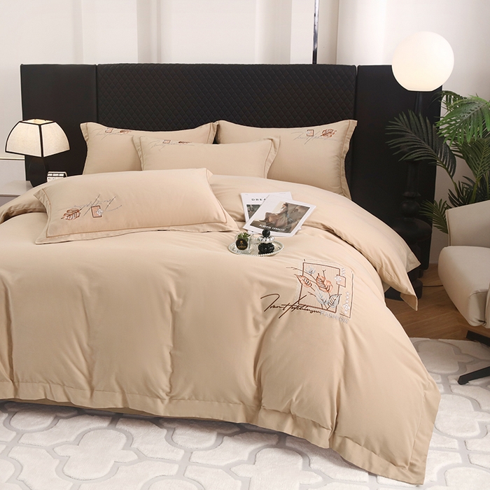 91家纺网 家纺一手货源 找家纺 金纱玉纺家纺 2024新款素色加厚公艺绣花四件套 叶香风暖-棕