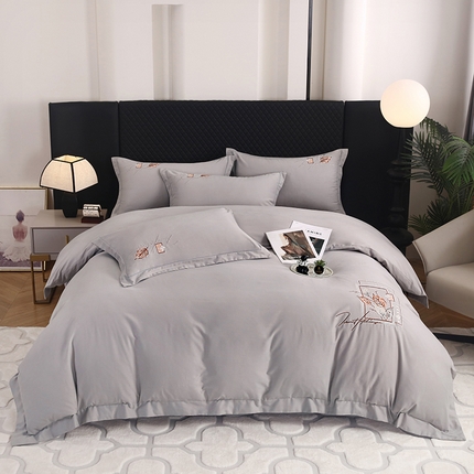 金纱玉纺家纺 2024新款素色加厚公艺绣花四件套 叶香风暖-棕灰