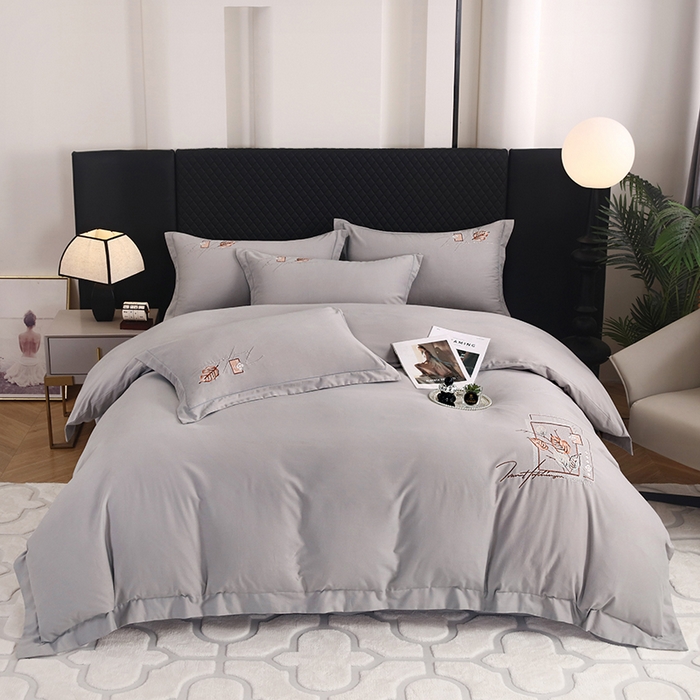 91家纺网 家纺一手货源 找家纺 金纱玉纺家纺 2024新款素色加厚公艺绣花四件套 叶香风暖-棕灰