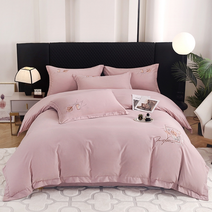 91家纺网 家纺一手货源 找家纺 金纱玉纺家纺 2024新款素色加厚公艺绣花四件套 叶香风暖-浅紫